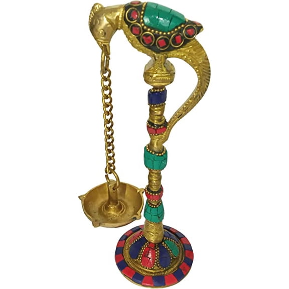 Purpledip Brass Peacock Oil Lamp: Hanging 5-Diya Deepam with Gemstones (11577A)