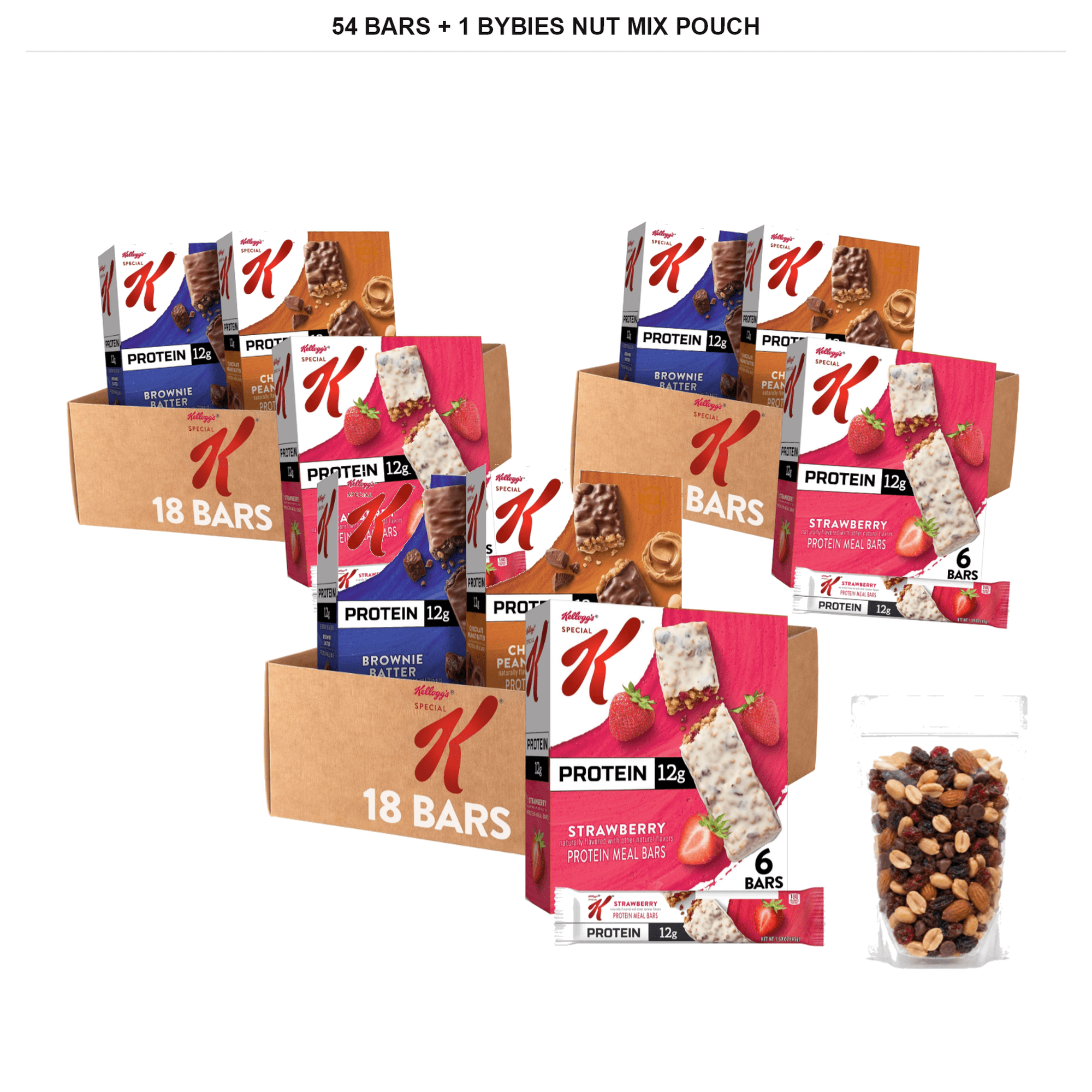 Special K Protein Meal Bar Variety Pack, Strawberry, Chocolate Brownie Batter, and Chocolate Peanut Butter, 54 Bars + 1x Bybies Nut Mix Pouch, 2 oz