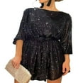 thumbnail image 1 of Robe de Soirée à Paillettes pour Femmes, Scintillante, Manches Longues, Col, Courte, Robe Cocktail avec Ceinture, 1 of 3