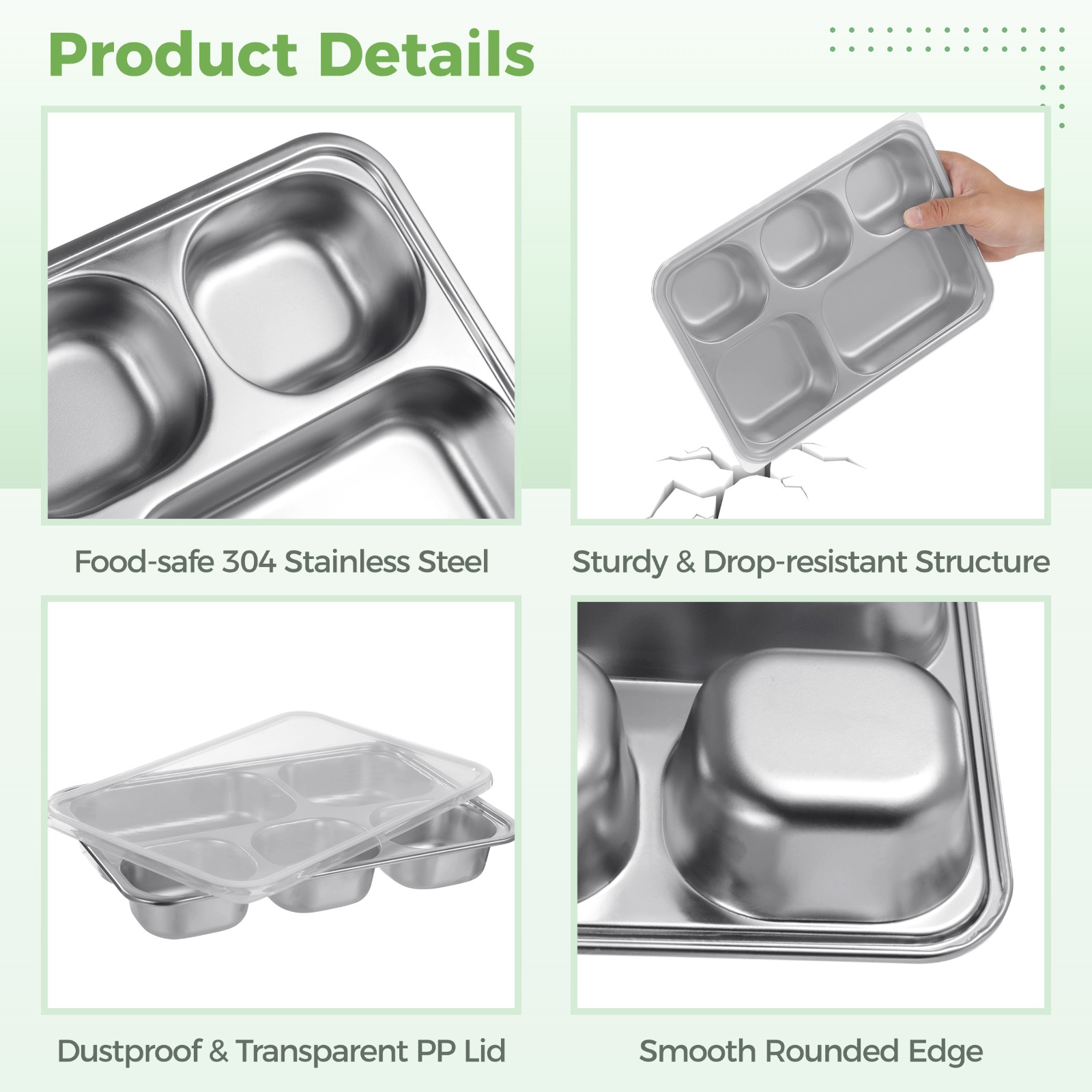4 Pcs Stainless Steel Snack Containers, 5-compartment Bento Boxes with Lids, Deep Large Metal Lunch Trays, Stackable Divided Lunch Containers for Home, Office, Travel