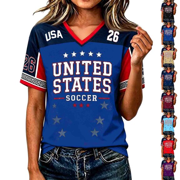 2026 New USA Soccer Jersey for Women, United States Jersey Soccer, V Neck Short Sleeve Football Tee, USA Flag Soccer Jersey Sport Top for Adult(Blue, 2XL)