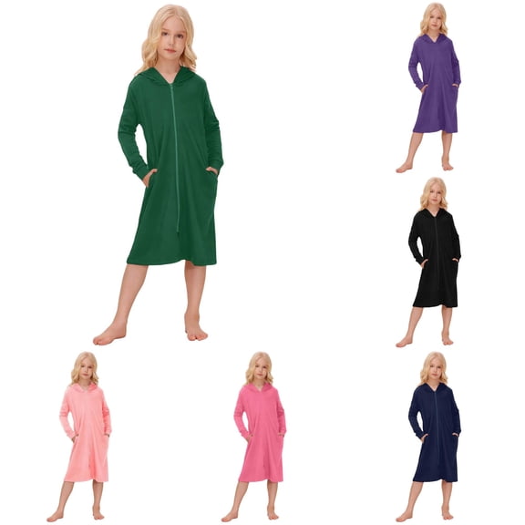 Gunia Teen Girls Nightgowns Pjs For Girls Stylish Zip Up With Hood Long Sleeve Fall Winter Night Gowns Sleepwear Green 13-14 Years