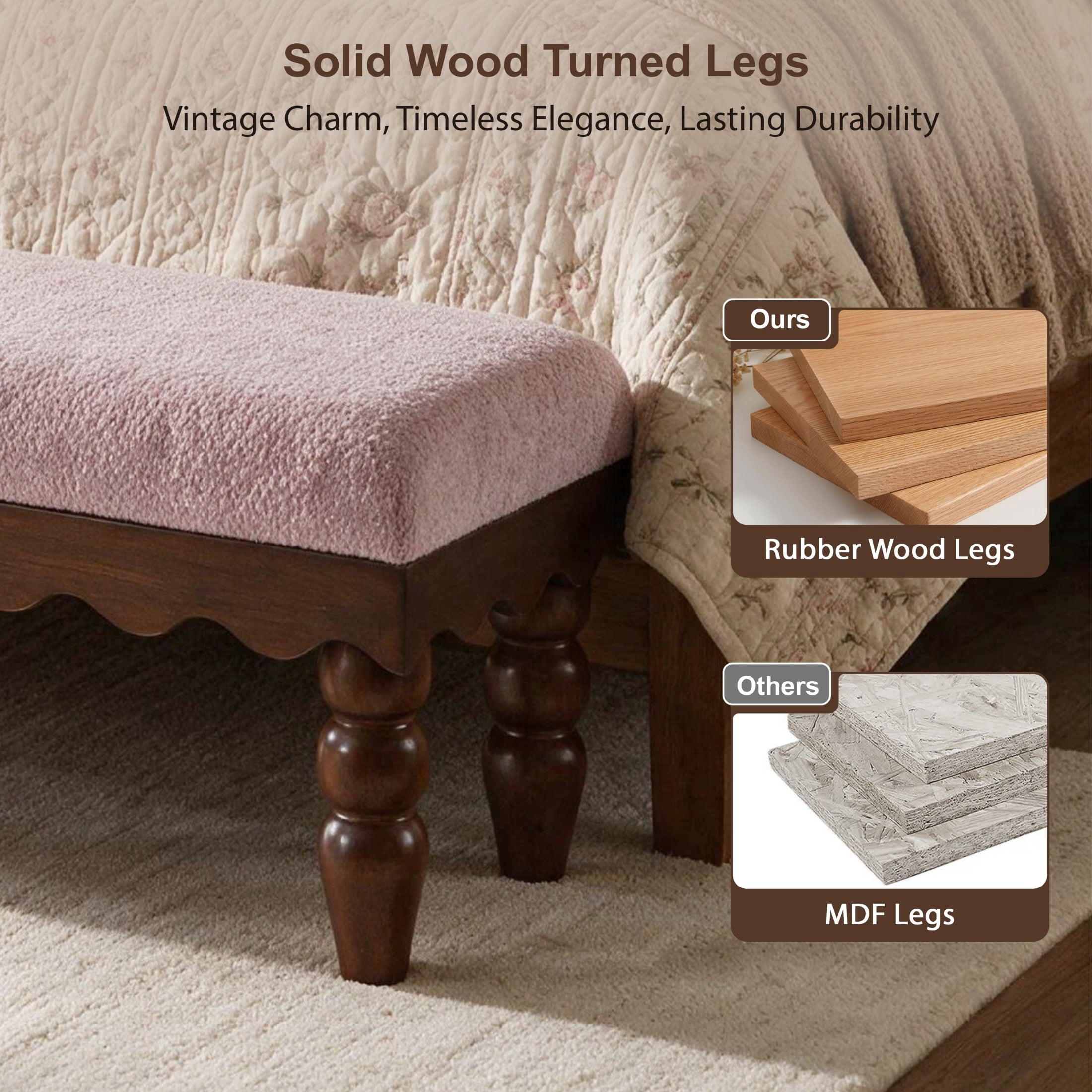Christopher Knight Home Vintage Boucle Fabric Bench, Wave Trim Ottoman with Solid Wood Legs, Dusty Pink