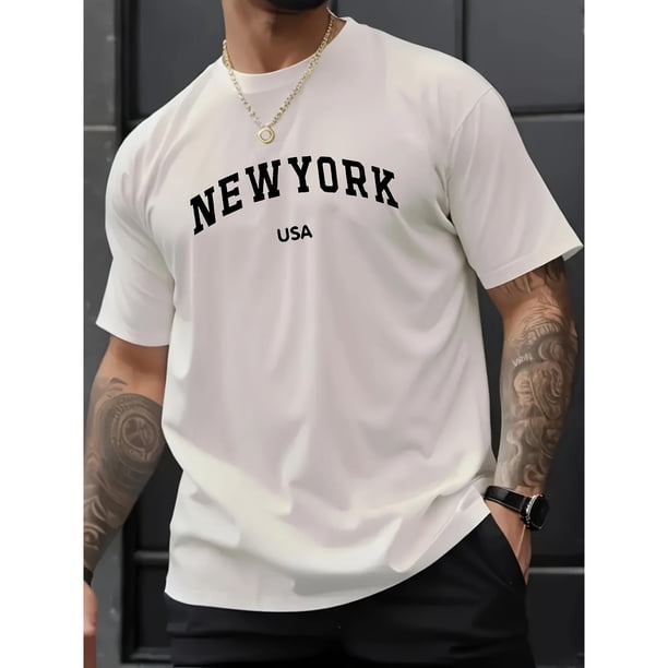 Camiseta informal de algodón con cuello redondo y estampado de letras para hombre