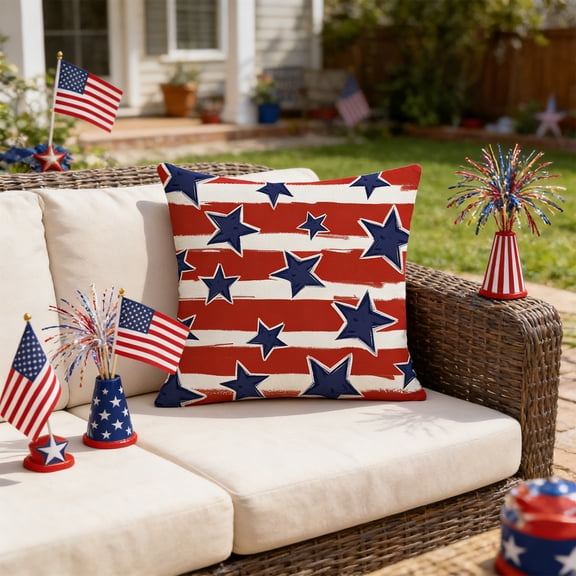 Hyknon 4th of July Patriotic Pillow Covers, 18×18Inch Red White Blue Independence Day Throw Pillow Cases, Stars Stripes Memorial Day Cushion Covers, Fireworks Decor Pillowcases for Home Sofa Holiday