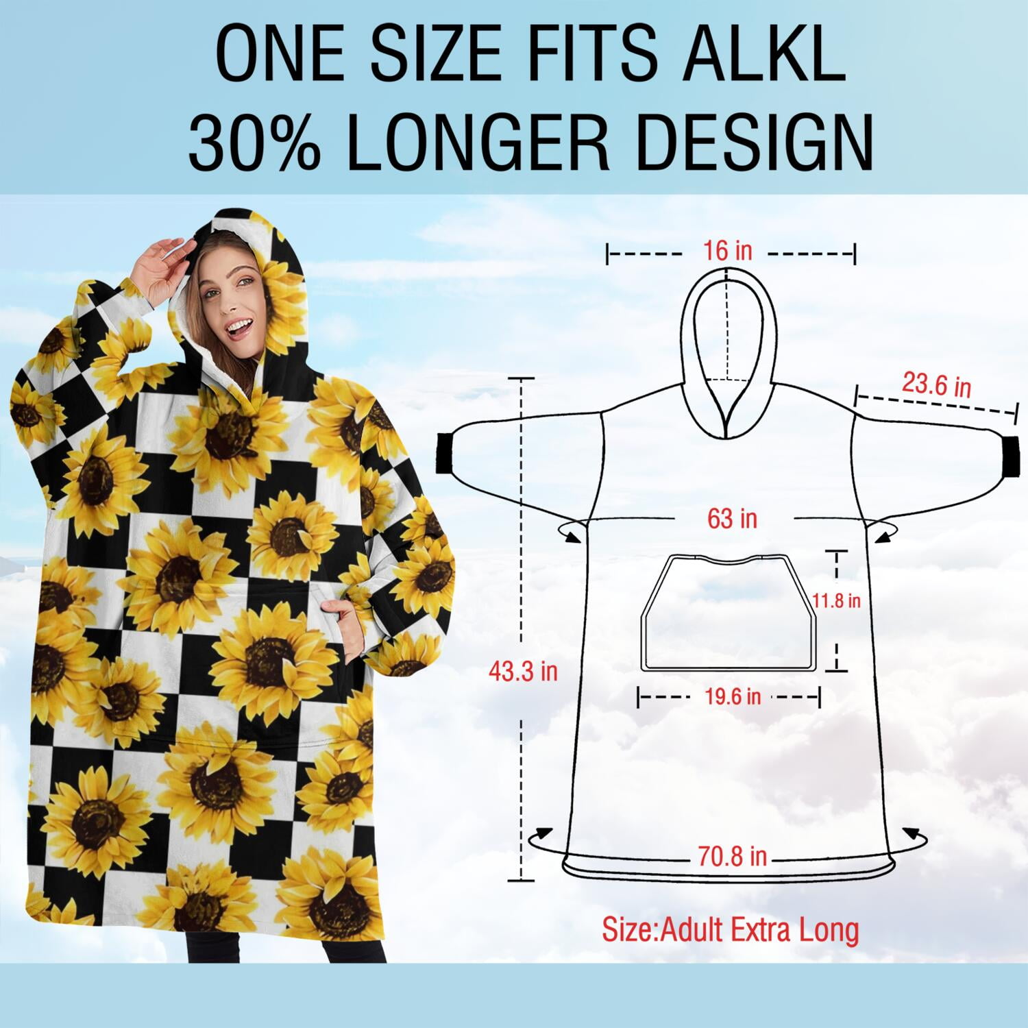 Oversized Wearable Blanket Hoodie,Black White Checker Sunflower Pattern Sherpa Blanket Hoodie with Super Pockets,Super Warm Fuzzy Pullover for Women & Men