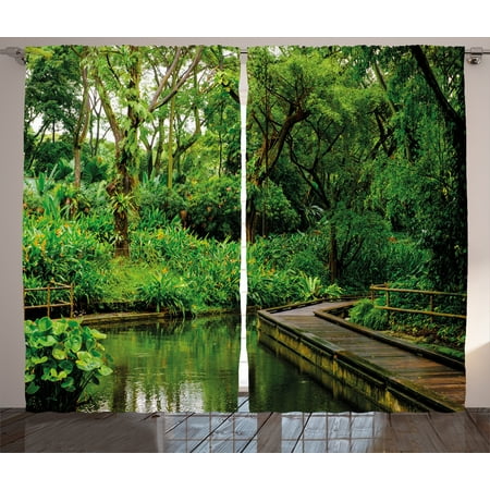 Pier 1 Bedroom - Jungle Curtains 2 Panels Set, Deep Forest with Wooden Pier and River Refreshing Exotic Nature Wild Image, Window Drapes for Living Room Bedroom, 108W X 63L Inches, Hunter Green Brown, by Ambesonne