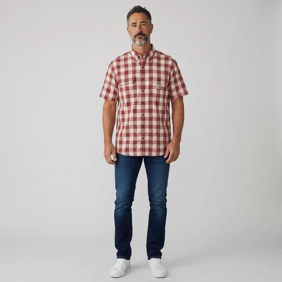 Carhartt 106140 Men's Plaid Shirt 2XL Tall Loose Fit Burgundy White Short Sleeve