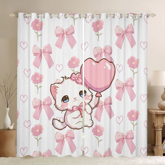 Homewish Kawaii Bowknot Cat Black Out Curtains, Pink Love Heart Balloon Curtains Pack of 2 (42x63 Each), Dreamy Cartoon Animal Bedroom Curtains, Window Curtains Home Decor