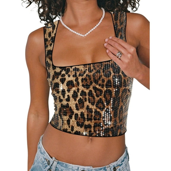 Women’s Leopard Print Sequin Tank Top – Slim Fit Sleeveless Party Cami for Club Summer Casual Outfits