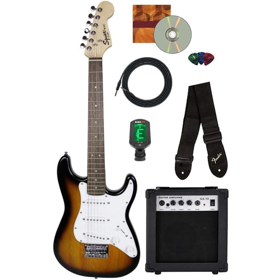 Fender Squier 3/4-Size Kids Mini Strat Electric Guitar - Sunburst w/ Amplifier