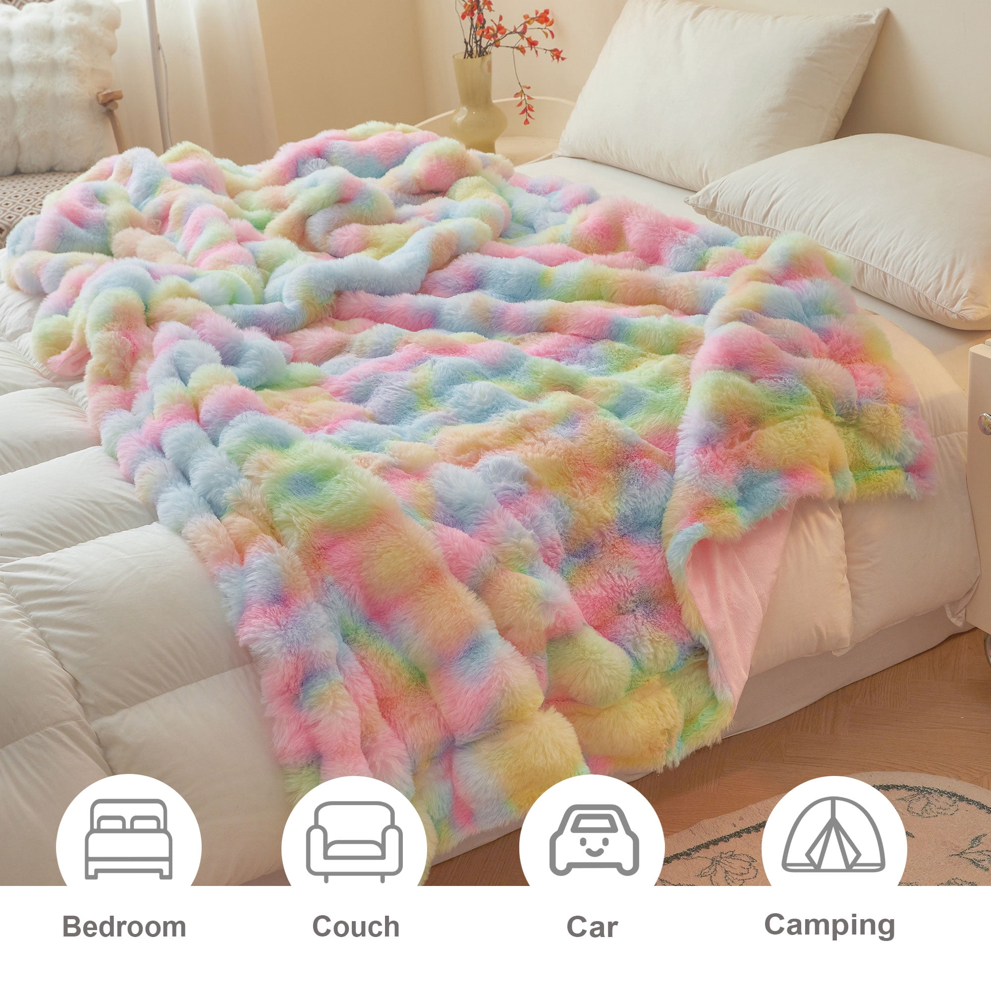 LIFEREVO Fluffy Faux Rabbit Fur Bubble Throw, Rainbow Plush Shaggy Blanket for Couch Sofa Chair, Soft Tie Dye Furry Blanket Adults Kids Girls, Fuzzy Throw for Bedroom Living Room, 50x60, Rainbow