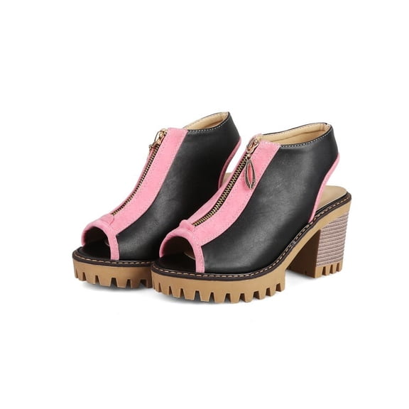 SACFOF Women's Chunky Stacked High Heel Sandals Peep Toe Front Zipper Cutout Platform Block Heeled Sandal