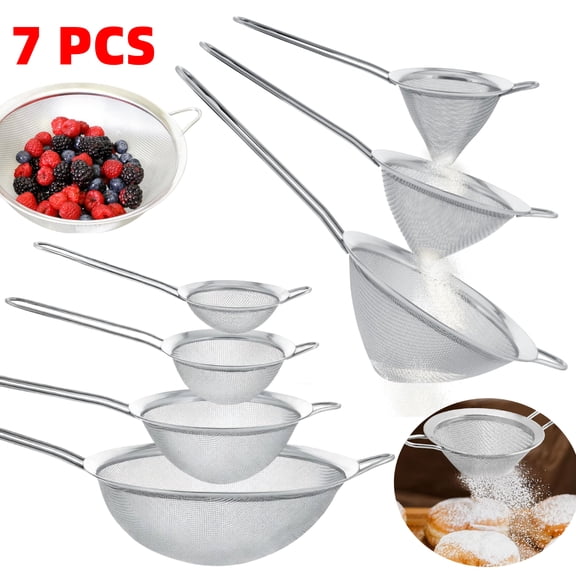 Set of 7 Fine Mesh Strainer - 3" 4" 5.5" & 8" - Extra Fine Twill Mesh Sieve, Stainless Steel Strainers and Colanders for Kitchen