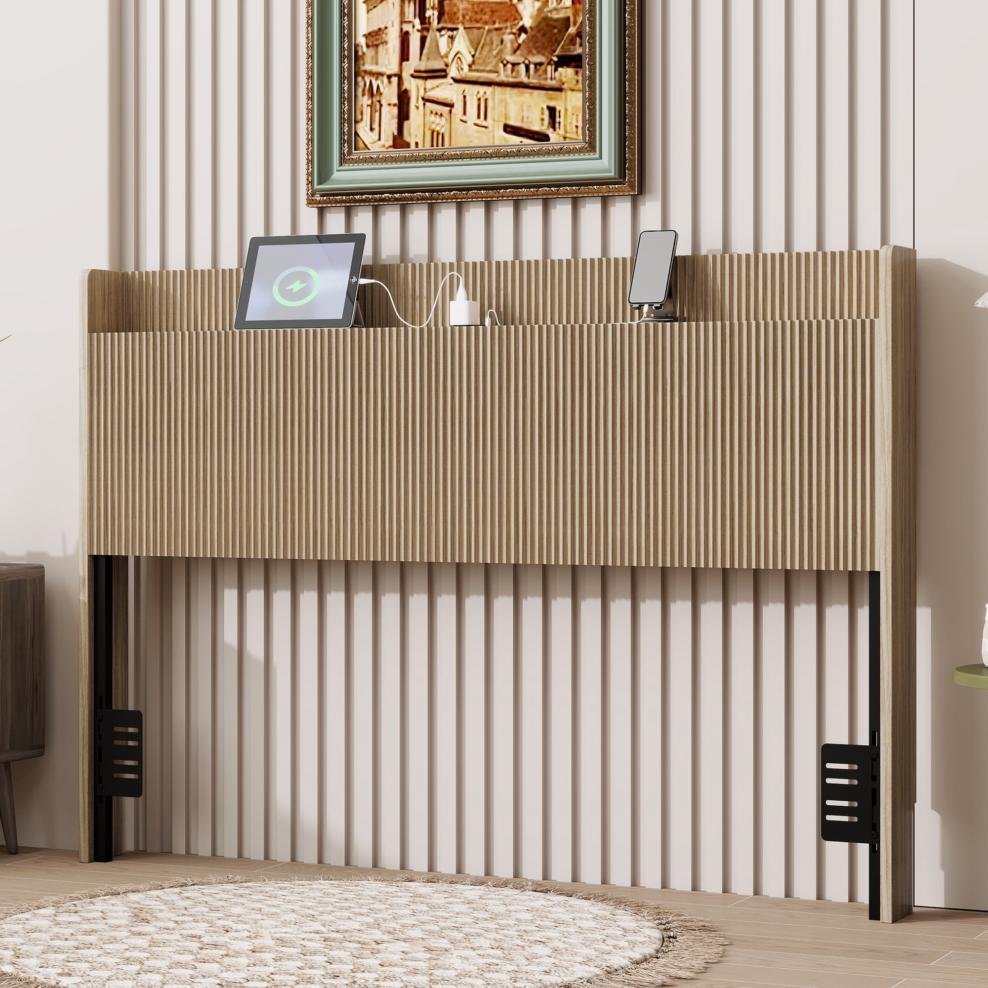Fluted Headboard Queen Size 61.42 Inch, Bed Headboard with Charging Storage and Adjustable Brackets, Vertical Slat Wood Headboard for Twin Full Queen Bed, Oak
