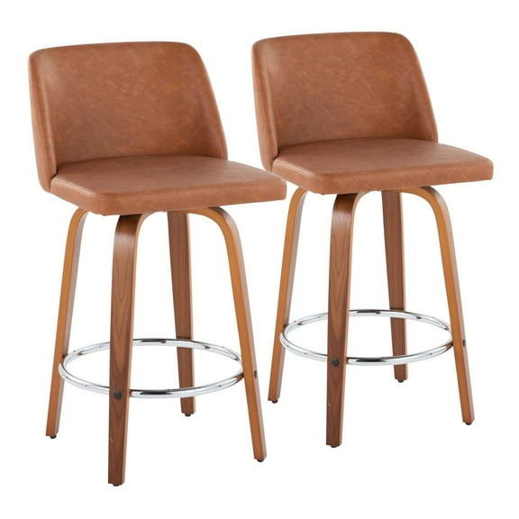 LumiSource Walnut Wood, Camel PU, Chrome Toriano 26" Counter Stool - Set of 2