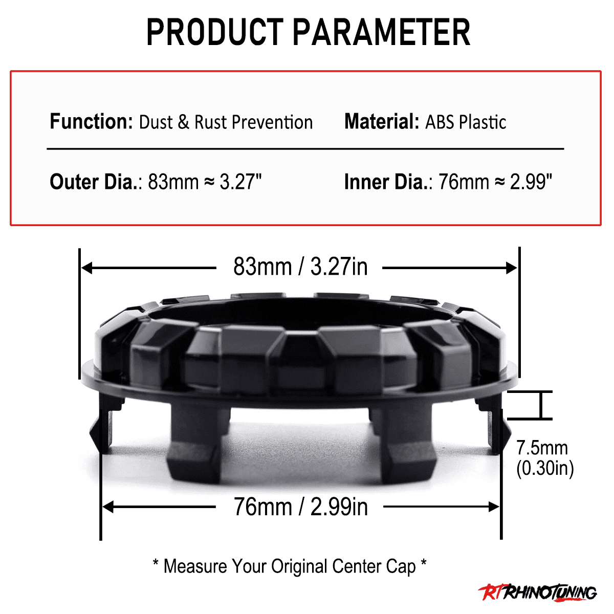 RhinoTuning OD 83mm/3.27in ID 76mm/2.99in Wheel Center Caps