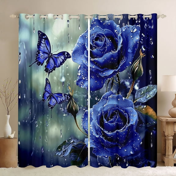 Castle Fairy Teens Adults Romantic Flower Rose Black Out Curtains,Blue Butterflies Curtains Pack of 2 (42x63 Each),Chic Floral Blossoms Bedroom Curtains,Microfiber Bedroom Decor
