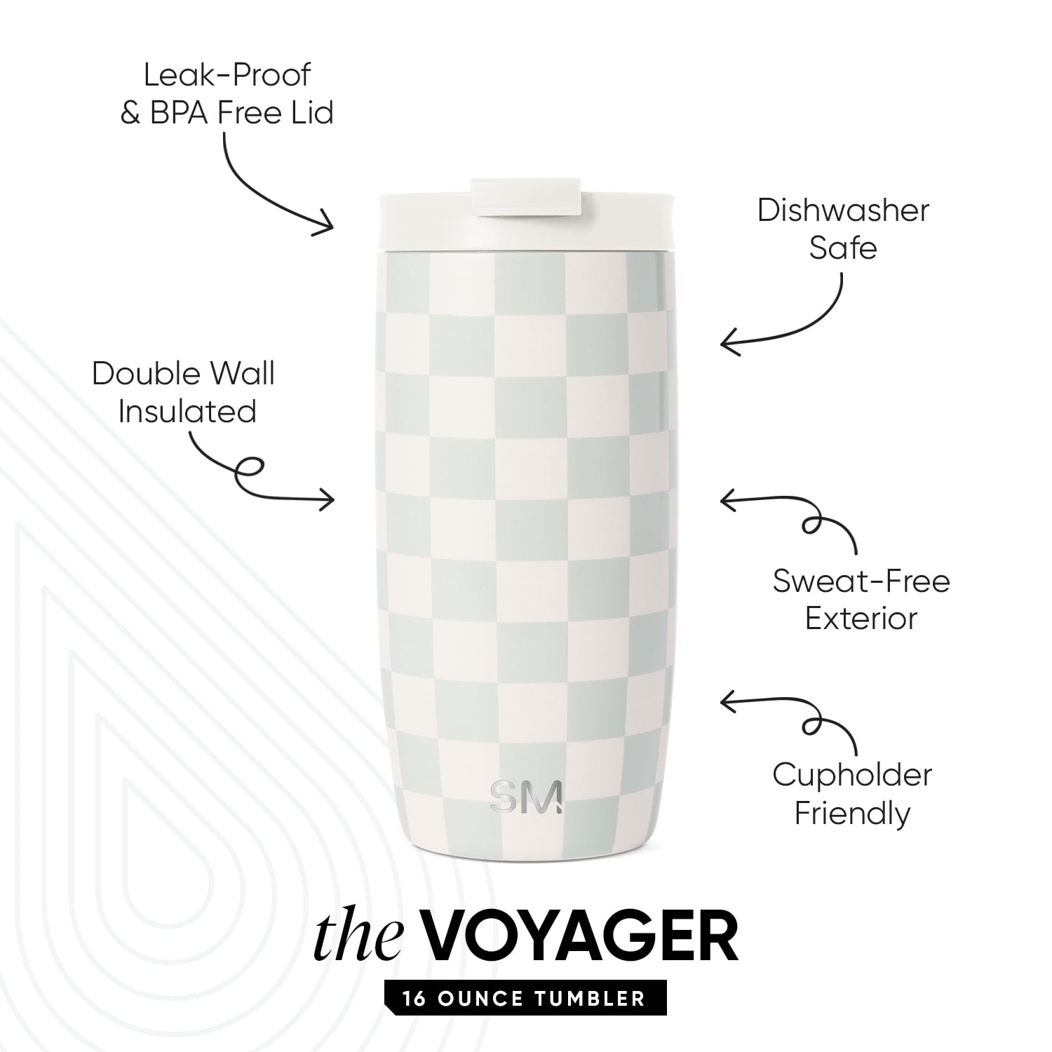 Simple Modern 16 fl oz Insulated Stainless Steel Voyager Tumbler with Insulated Flip Lid | Sea Glass Sage Checkmate