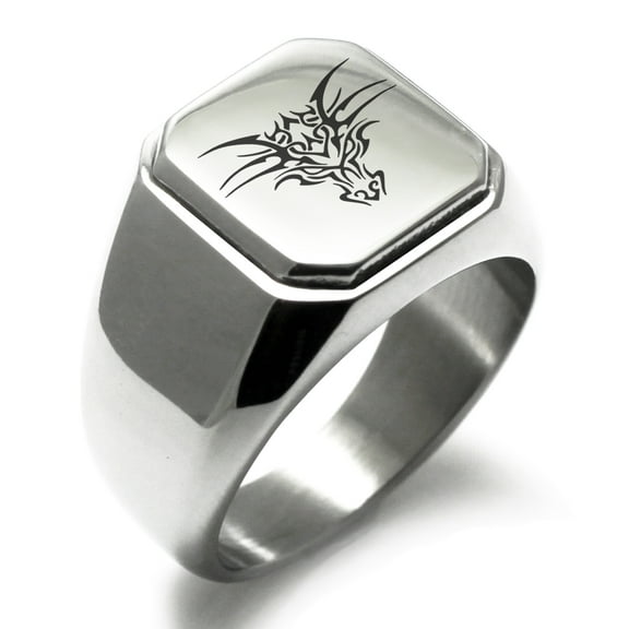Stainless Steel Oriental Dark Dragon Engraved Square Flat Top Biker Style Polished Ring