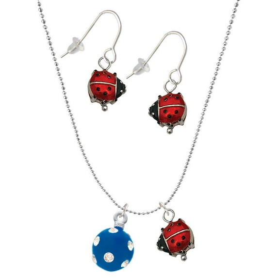 Delight Jewelry Silvertone 3-D Frosted Blue Resin Ornament with Crystals Red Lucky Ladybug Necklace and Dangle Earrings Set