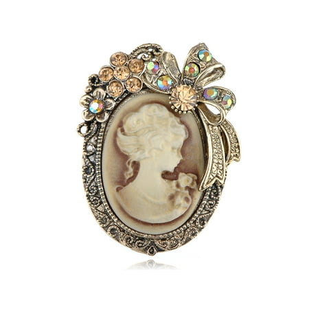 Floral Cameo Pin - US Old Gold Topaz Crystal Rhinestone Cameo Maiden Flower Ribbon Bow Pin Brooch