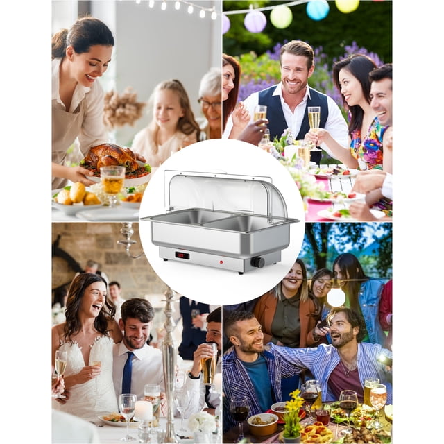 BeesClover Stainless Steel Electric Buffet Server, 9QT Full-Size Chafing Dish with Precise Temperature Control for Parties, Banquets, Events
