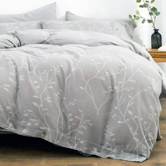 OREISE Ensemble de Housse de Couette Grand Lit Fil de Coton Lavé, Jacquard Gris et Blanc Motif de Branches Épaisses Style Floral Ensemble de Literie 3 Pcs
