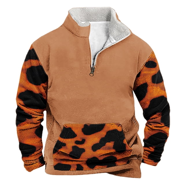 Styesk Chemises pour Hommes Mode Décontractée Col Montant Imprimé Léopard d'Halloween Chandail à Fermeture Éclair Manches Longues