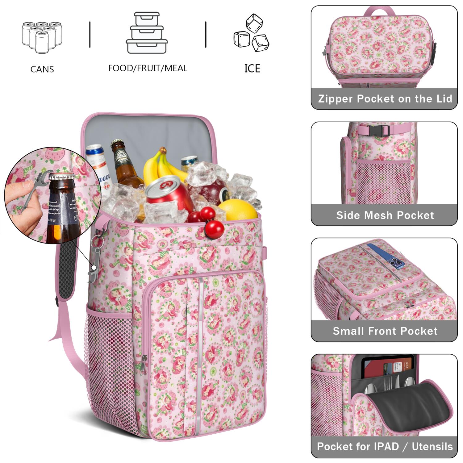 Travel Cooler Bag - Strawberry Princess Pattern Camping Beer Cooler Backpack with Bottle Opener- Waterproof Insulated Picnic Backpacks - Cooler Bag for Beach