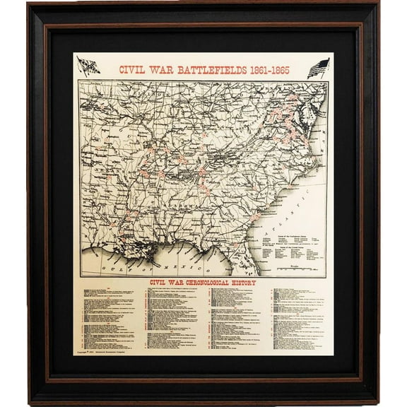 Framed Civil War Battlefields Map 1861-1865