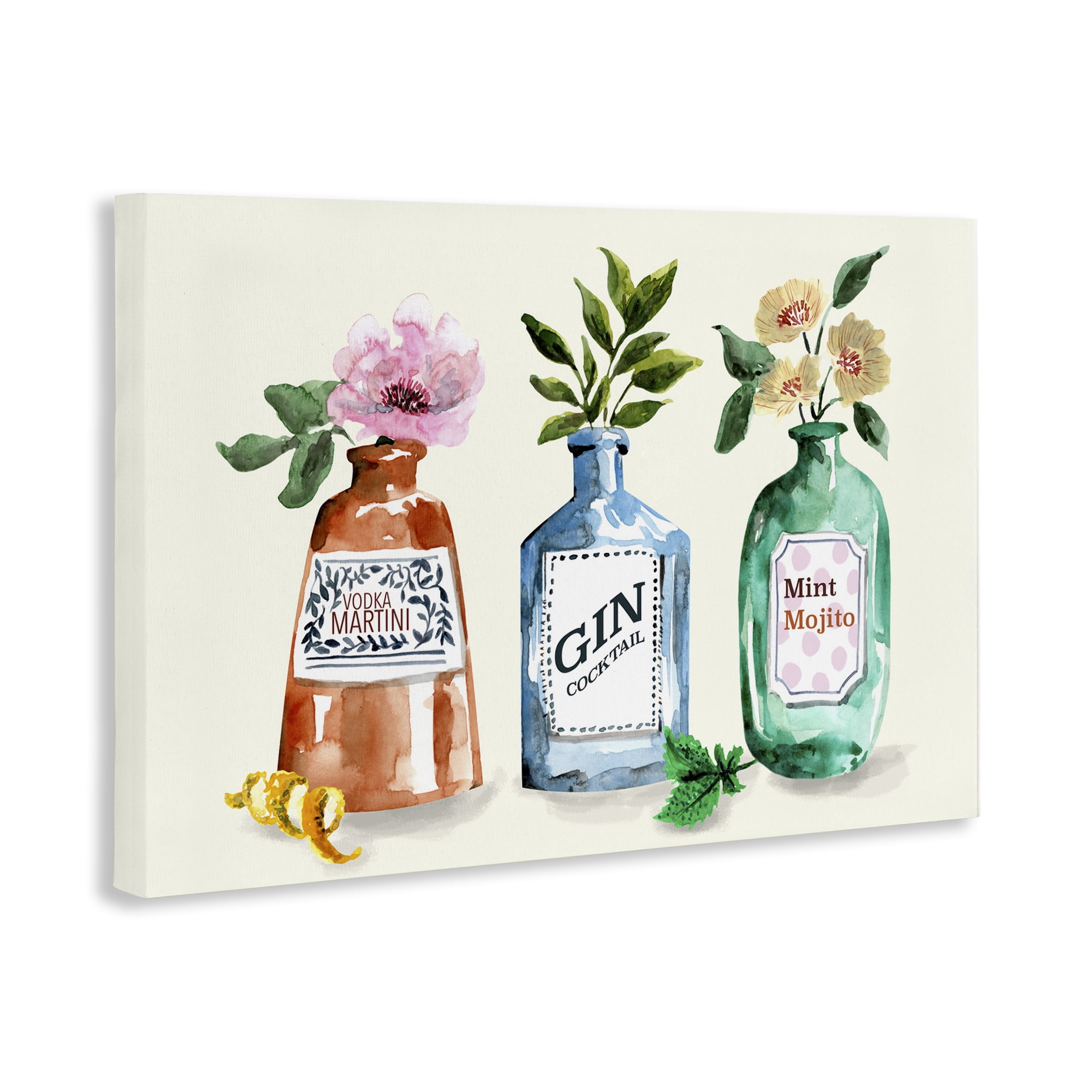Stupell Industries Floral Alcohol Bottles Food & Beverage Painting Wrapped Canvas Art Print Wall Art, 45 x 30