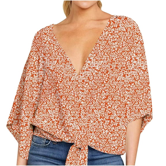asdoklhq Juniors Plus Tops & T-Shirts, Woman Causal V-Neck Printing Blouse 3/4Sleeve Bandag T-Shirt Summer Tops
