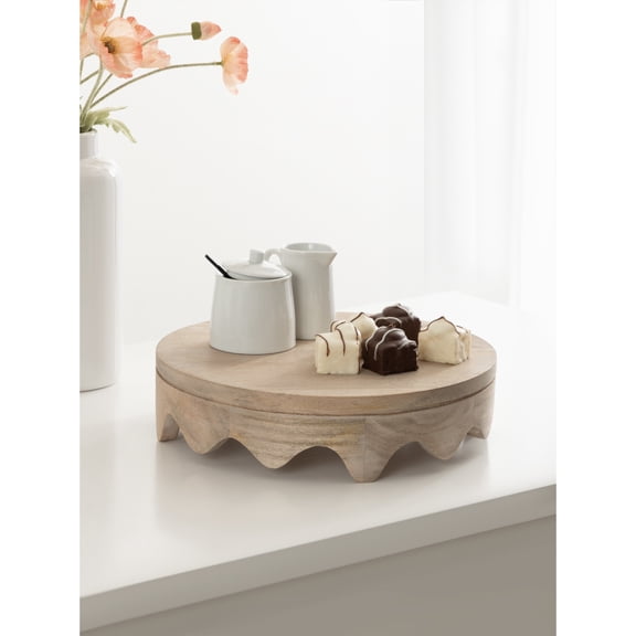 Kate and Laurel Fairlee Decorative Wavy Round Tray, 12 Inch Diameter, Natural Wood, Modern Scalloped Circle Serving Tray for Coffee Table Ottoman Tray, Dining Table Centerpiece, or Entryway Catchall