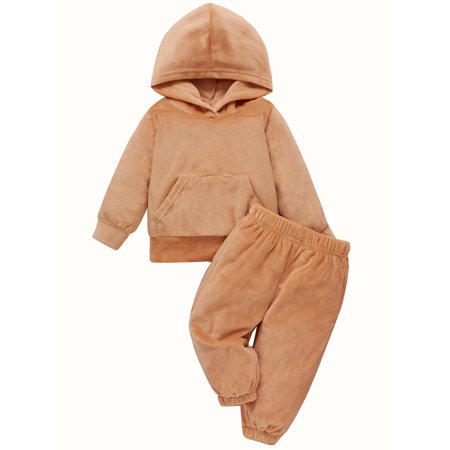 

Canrulo 2PCS Toddler Infant Baby Boys Girls Solid Color Hooded Cotton Pullover Long Trousers Khaki 9-12 Months