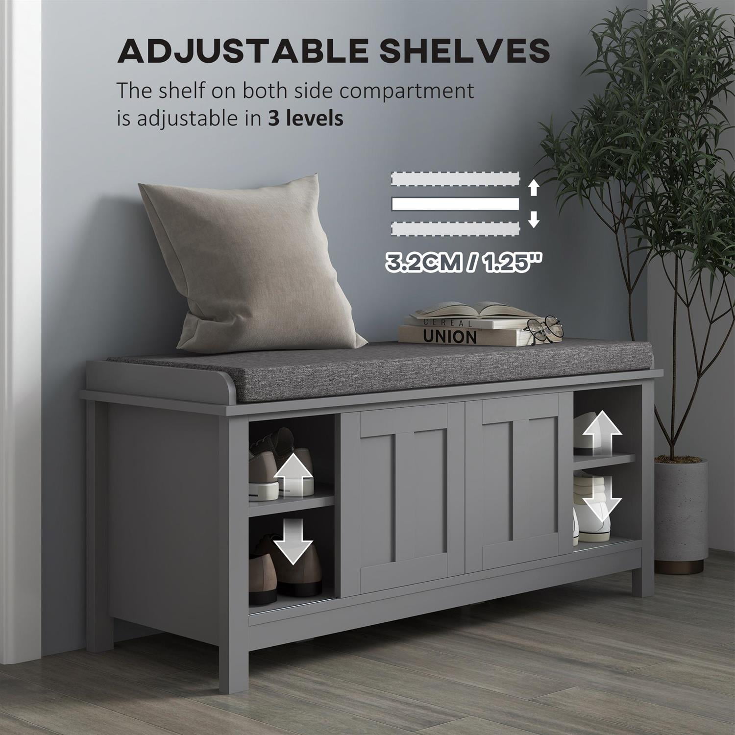 Demi Bonn 19" Shoe Storage Bench with Cushion and Sliding Doors , Entryway Storage, Comfortable Seating for Home, Gray