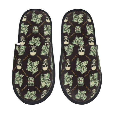 

House Slippers for Women and Men Skulls Gold Chains Dollar Comfy Fuzzy Bedroom Slippers Furry Home Shoes for Indoor Outdoor
