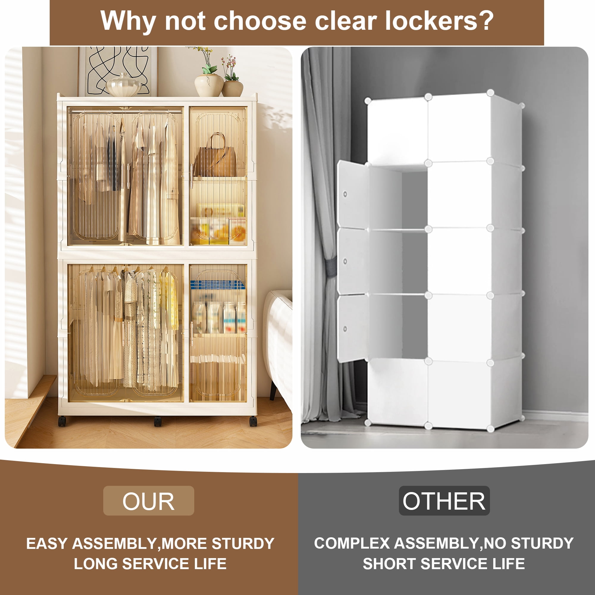 Closet Organizer with 6 Magnetic Doors, Features 6 Storage Cubes and 2 Hanging Rods, Includes 6 Hangers, PP+ABS Construction, Locking Casters, Easy No-Tool Assembly, Cream White