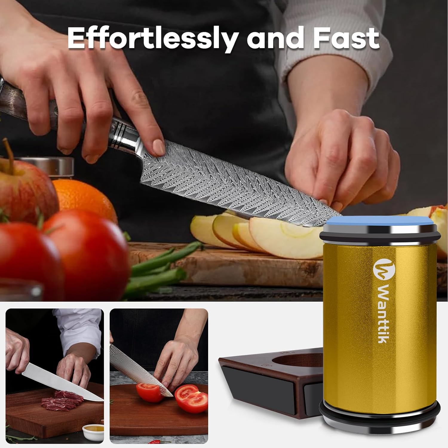 Rolling Knife Sharpener Kit, Upgraded Roller with Leather Strop for Kitchen Knives, 4-Disc Stone Sharpener 15-22 Degree Sharpening, Gold