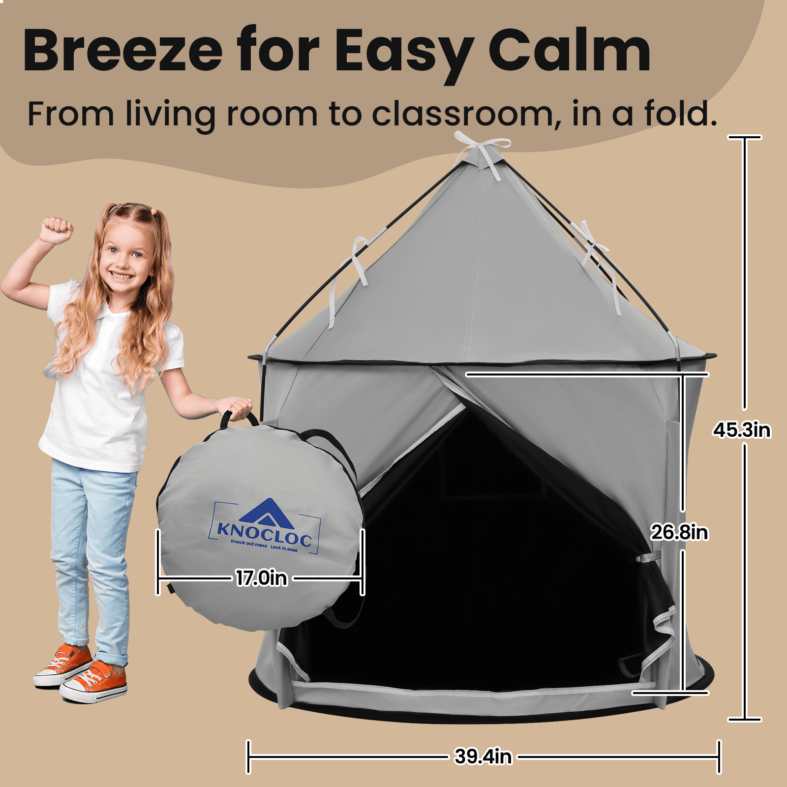 KNOCLOC Sensory Tent for Kids with Autism, with Fan-Ready Port for Enhanced Ventilation, Large Blackout Autistic Tent for Kids & Adult Calming Down, Portable and Easy Setup 45*39*39 in
