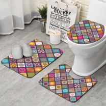 Multicolor Ethnic Geometric Patchwork Pattern Bathroom Rugs Sets 3 Piece,Toilet Cover Set,Absorbent Non Slip Bathroom Mats Sets with U-Shaped Contour Rug Toilet Rug Set
