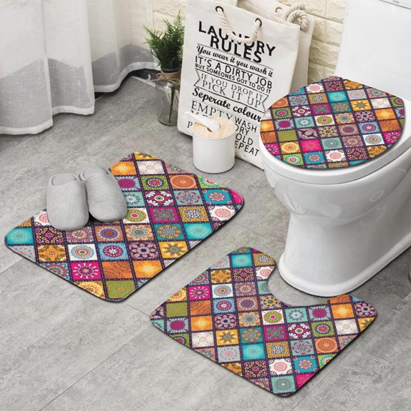Multicolor Ethnic Geometric Patchwork Pattern Bathroom Rugs Sets 3 Piece,Toilet Cover Set,Absorbent Non Slip Bathroom Mats Sets with U-Shaped Contour Rug Toilet Rug Set