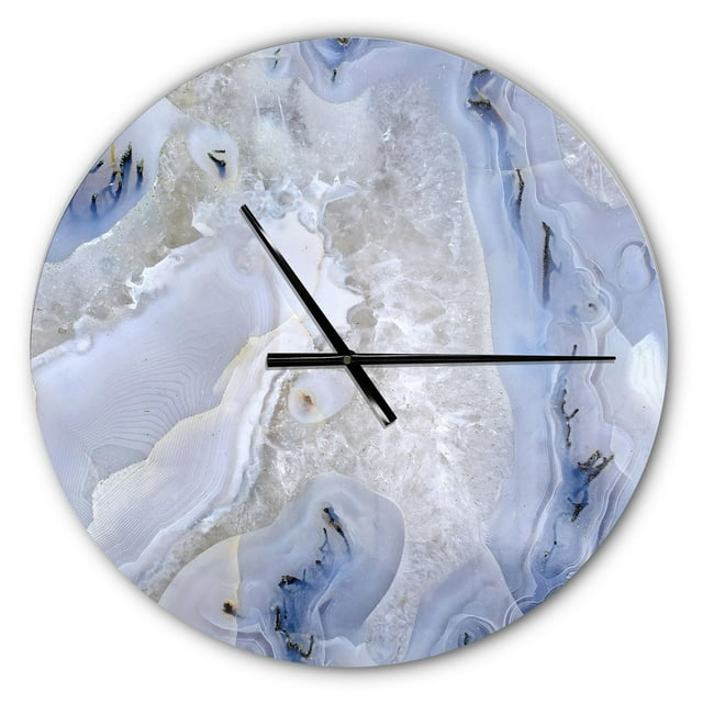 Round modern wall clock featuring a blue and white agate stone pattern background with black hands.