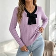 thumbnail image 4 of QIYAGBSA Womens V Neck Sweater Cable Knit Contrast Bow Detail Long Sleeve Pullover Casual Fall Winter Top (Purple L), 4 of 8