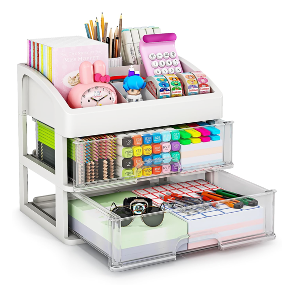 Desk Organizer with Drawers, 2 or 3 Drawers Storage Organizer, Desktop Storage Drawers for Office Supplies, Plastic Stationary Organizer