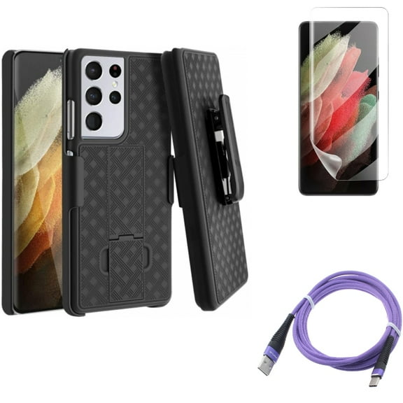 Case Belt Clip & Matte Screen Protector & 6ft USB Cable for Samsung Galaxy S21 Ultra Phone - Holster Swivel & TPU Film Anti-Glare & Purple Type-C Accessory Bundle