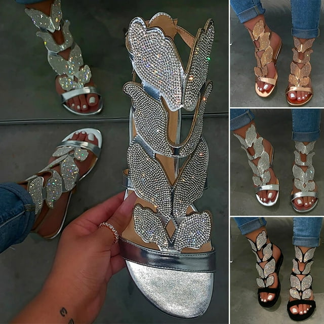 Women Sandals Low Heel Rhinestone Open Casual Sandals Toe Shoes Crystal Slippers Woman Silver 40