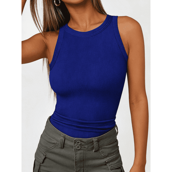 Women's Ribbed Knit Tank Top | Solid Color Round Neck Sleeveless Slim Fit Base Layer