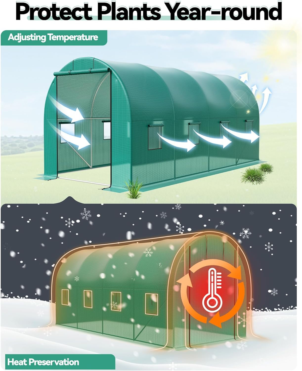 Large Greenhouse,15x6.5x6.5ft Heavy Duty Outdoor Greenhouses,Walk in Tunnel Green House,Portable Plant Gardening with Zippered Doors and Window,Galvanized Steel Frame for Gardening