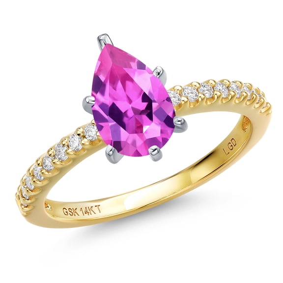 Gem Stone King 14K Two Tone Gold Pink Created Sapphire and Lab Grown Diamond Engagement Ring for Women | 1.76 Cttw | Pear Shape 9X6MM | Gemstone September Birthstone | Size 6